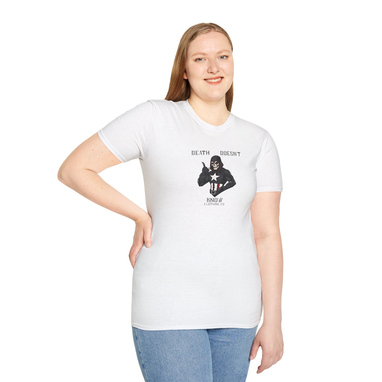 Death Loves America Graphic T-Shirt, Unisex Softstyle Tee, Casual Wear, Death-Themed Shirt, Gothic Aesthetic Fashion